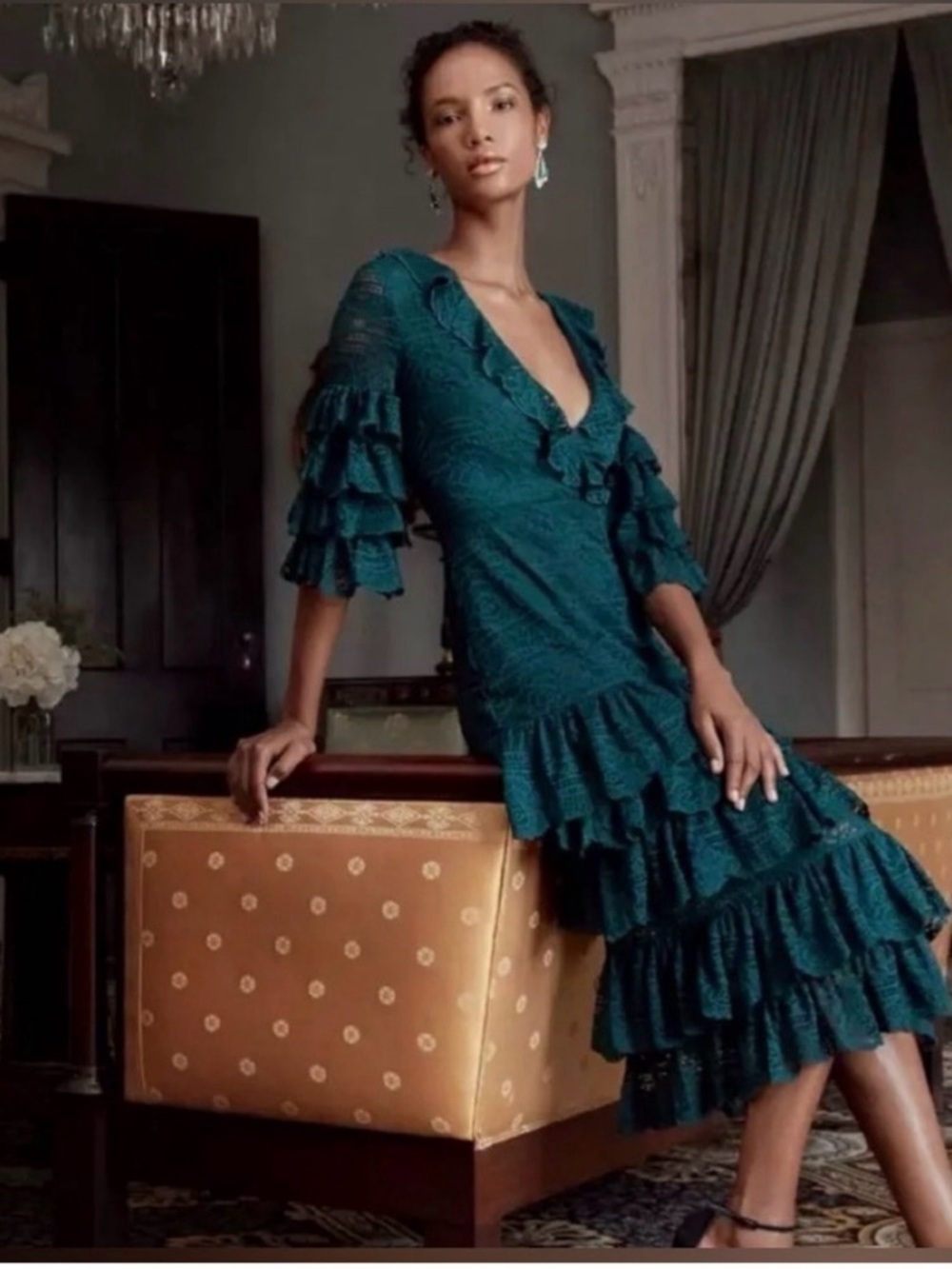 Salor Emerald Green Ruffle Lace Midi Dress - Women